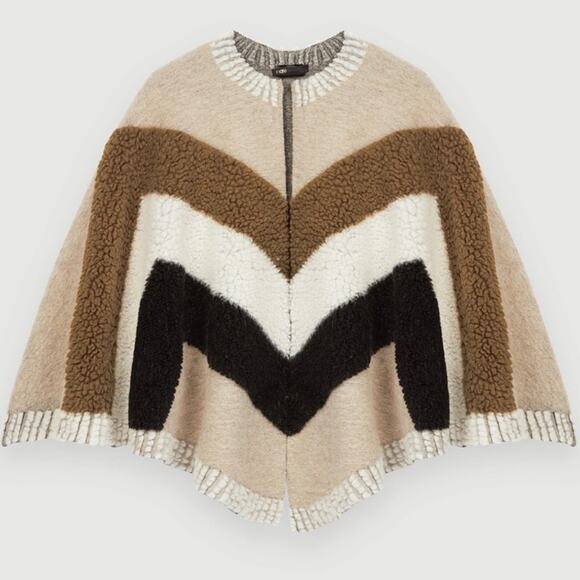 🆕 WOOL PONCHO CAPE LAYERING NWT a.n.a. Maje OSFM Tan Brown Black Cream - Picture 6 of 14